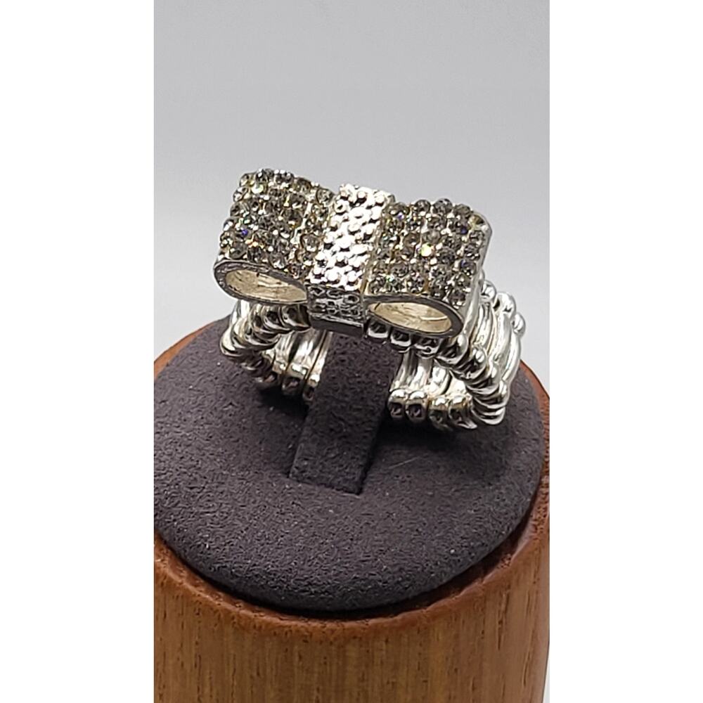 Rhinestone Bow Ring Stretch Band Silver Tone Statement